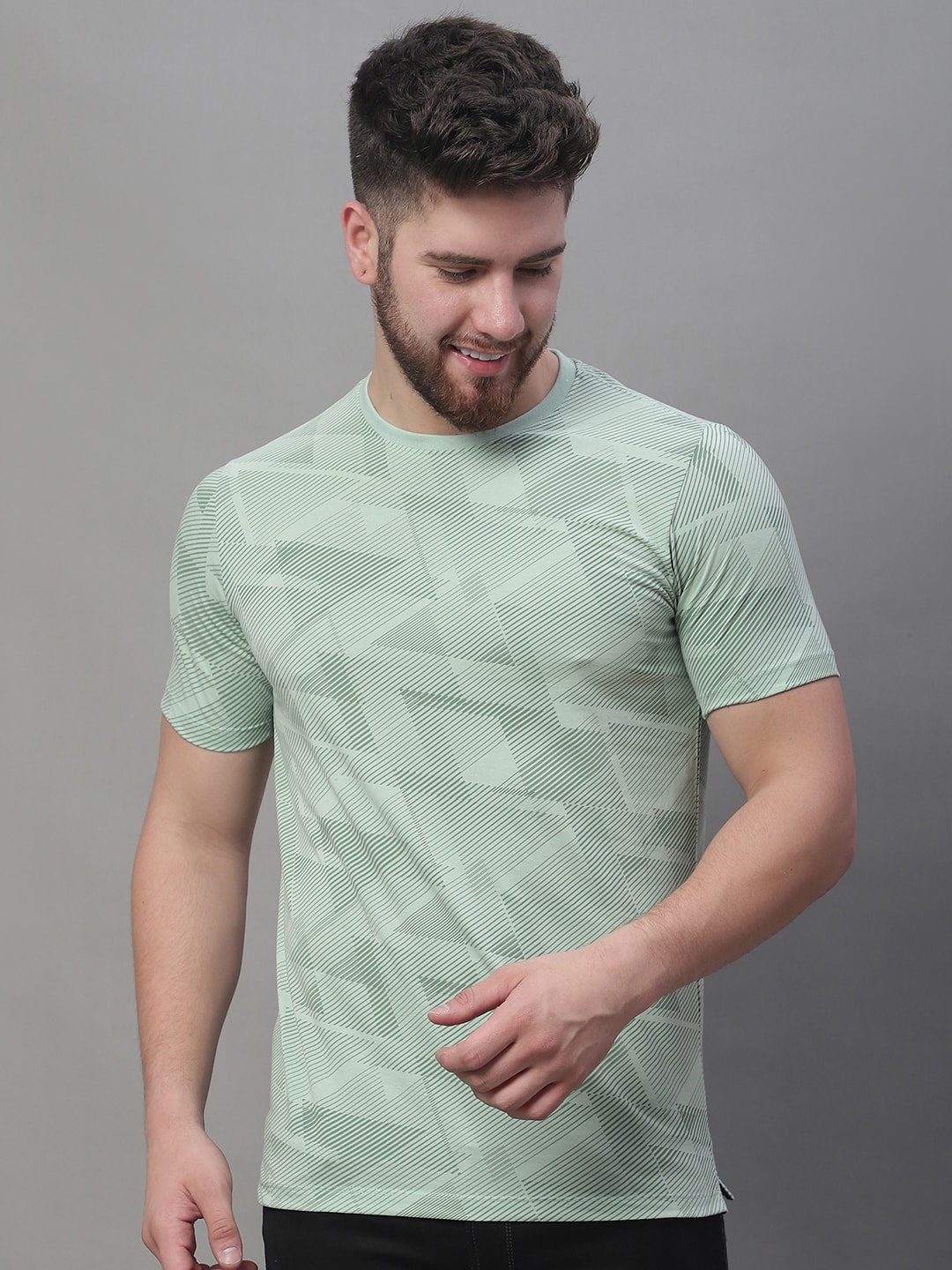 

VENITIAN Geometric Printed Cotton Casual T-Shirt, Lime green