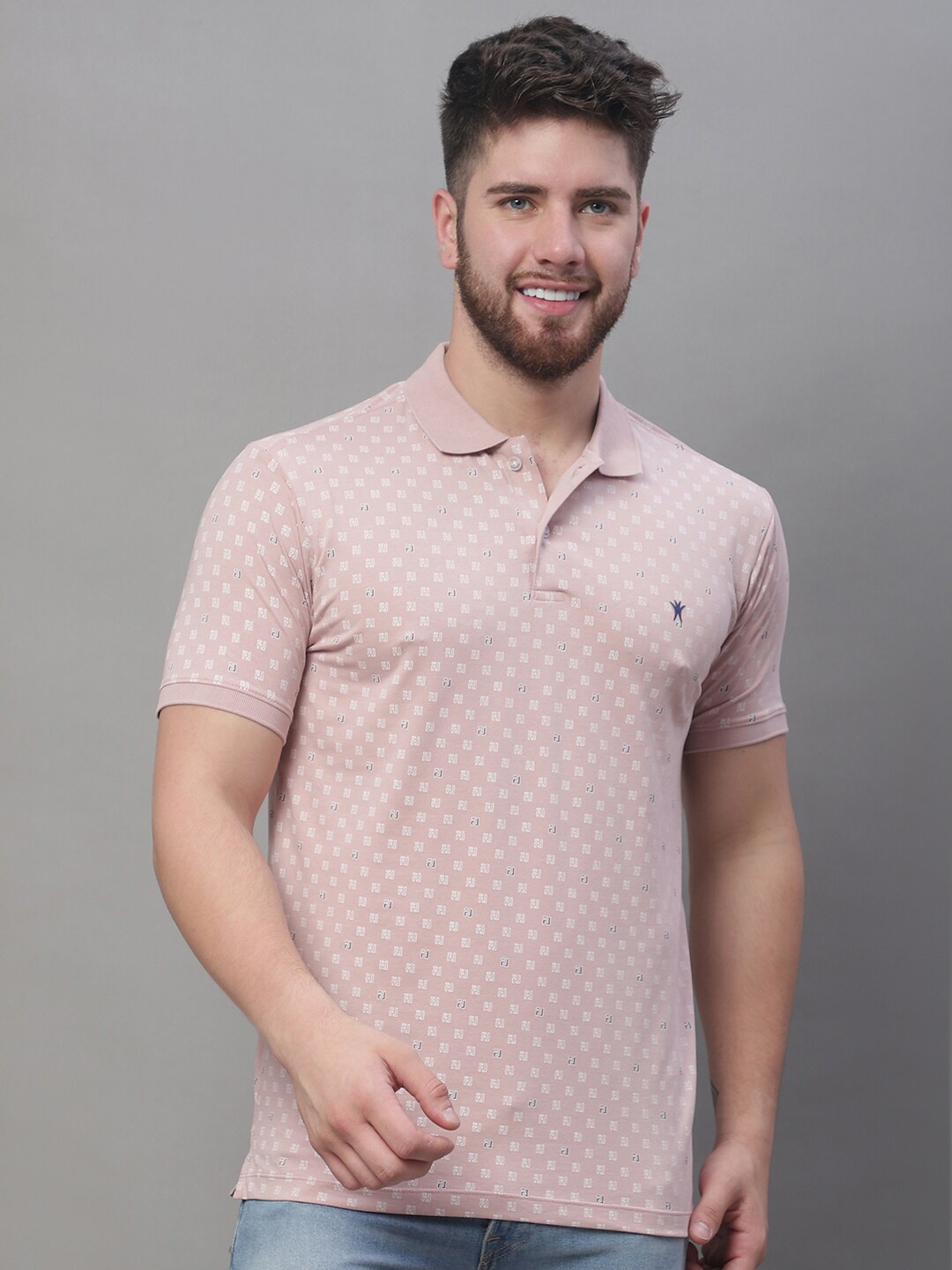 

VENITIAN Micro Ditsy Printed Polo Collar Cotton T-shirt, Pink