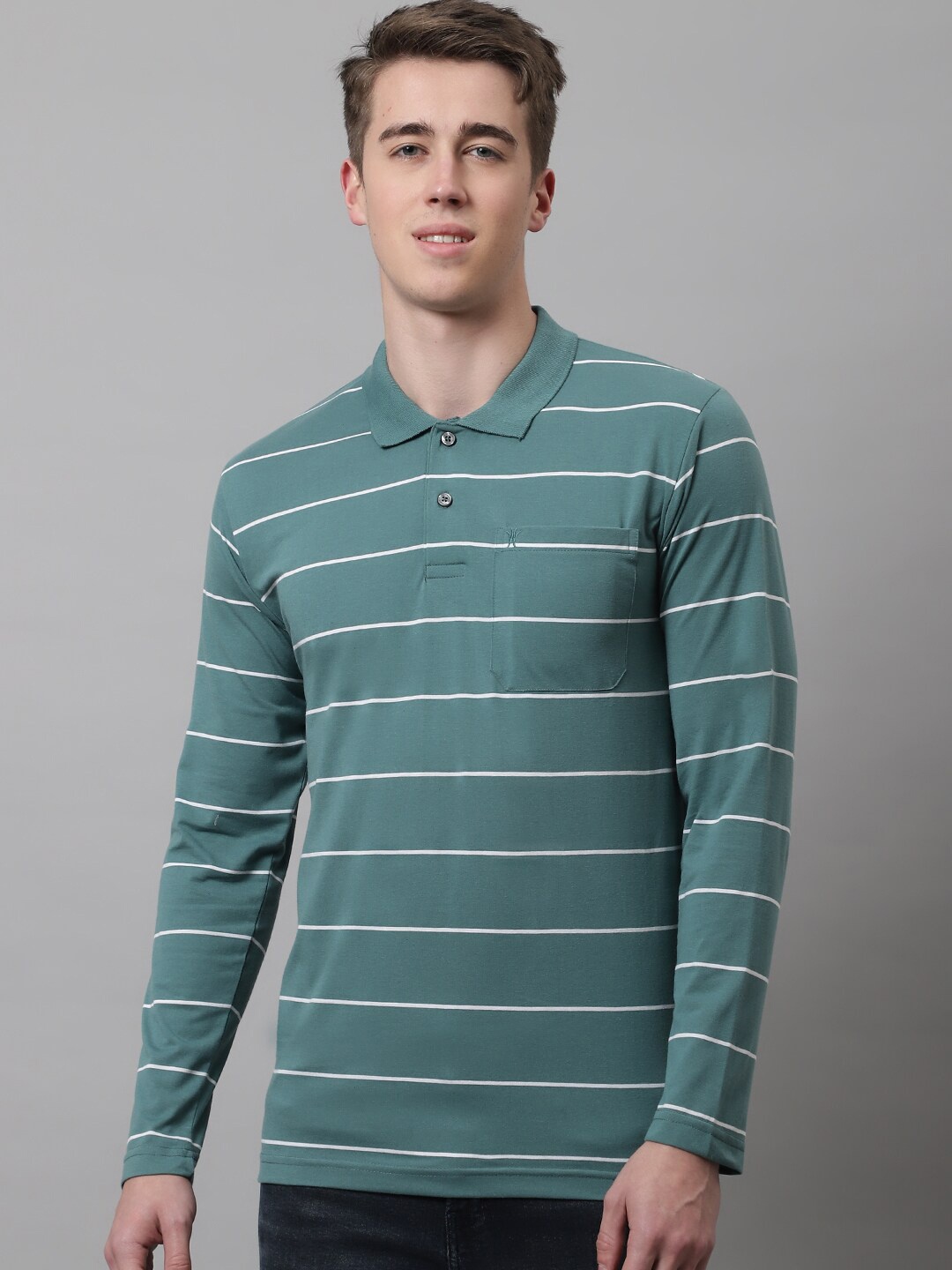 

VENITIAN Horizontal Striped Polo Collar Cotton T-shirt, Green