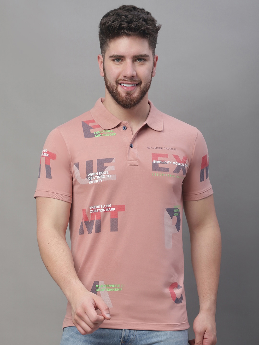 

VENITIAN Typography Printed Polo Collar Short Sleeves Cotton T-shirt, Peach