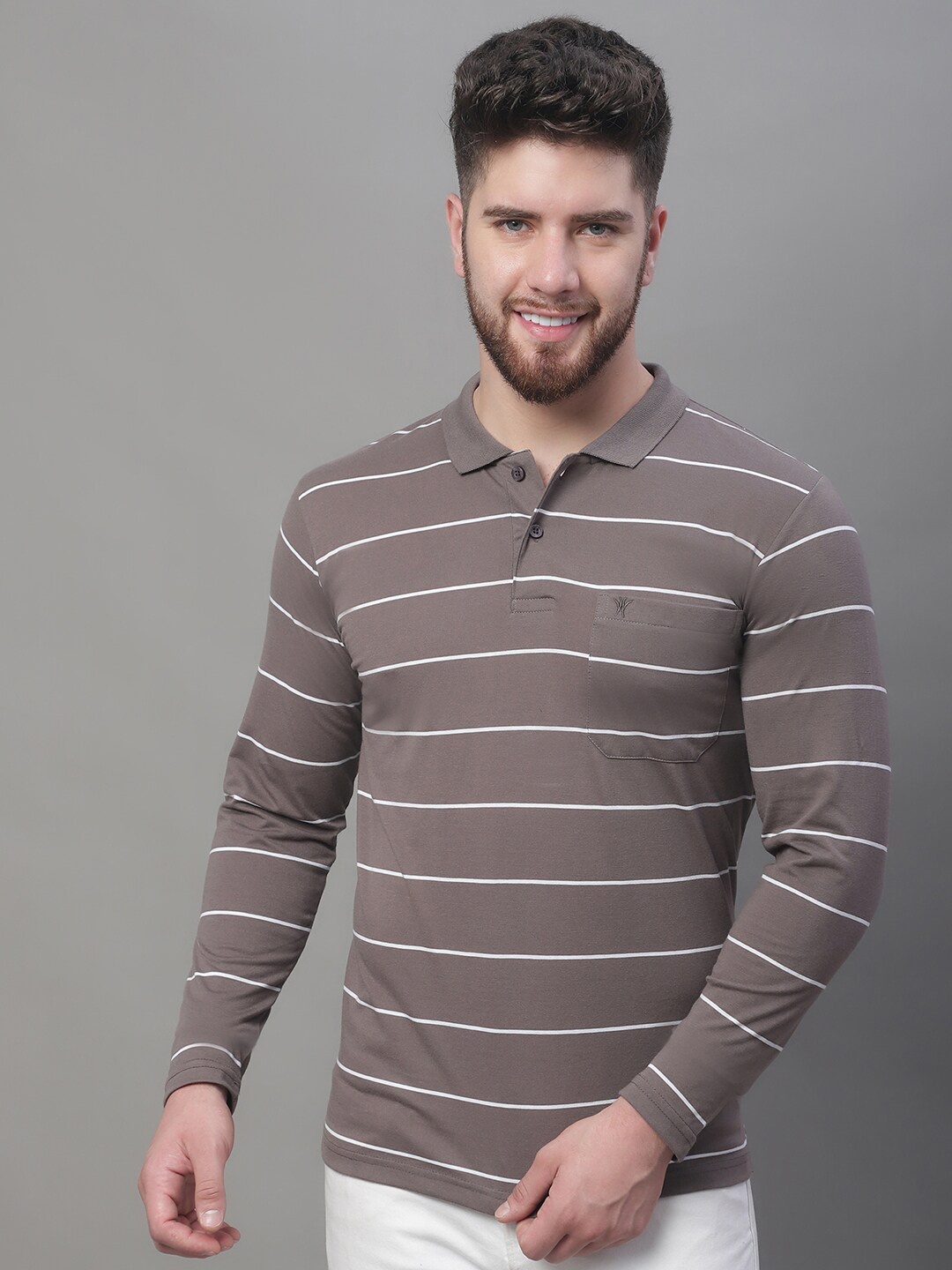 

VENITIAN Horizontal Striped Polo Collar Cotton T-shirt, Brown