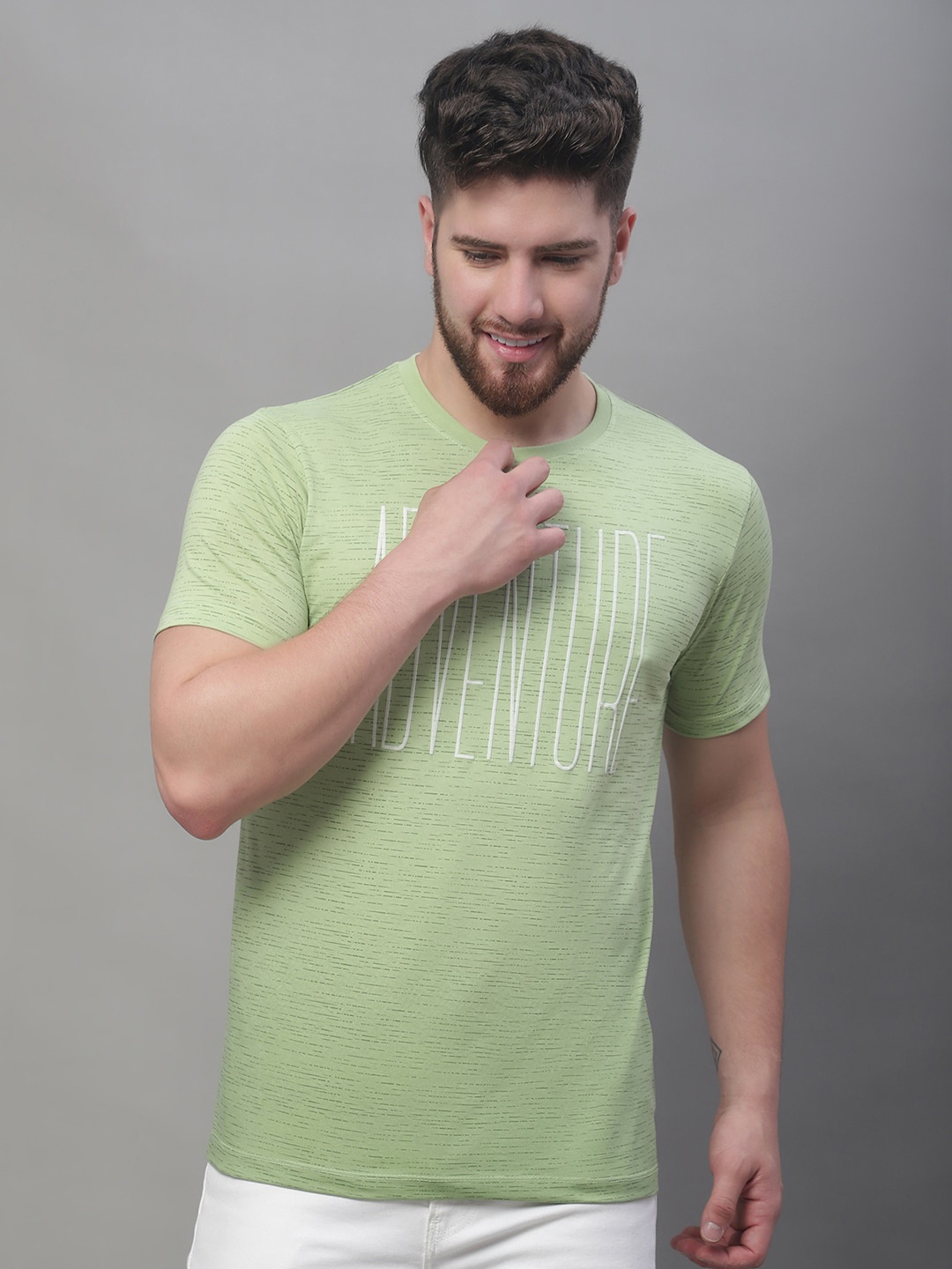 

VENITIAN Typography Printed Round Neck Cotton T-shirt, Lime green
