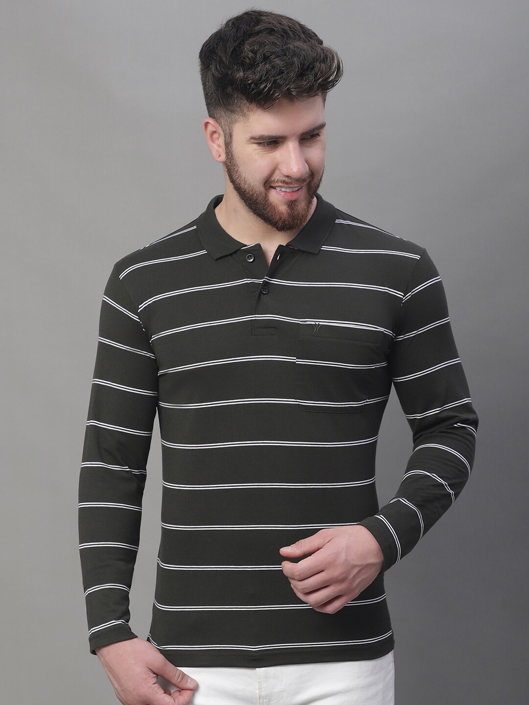 

VENITIAN Striped Polo Collar Cotton Casual T-Shirt, Olive