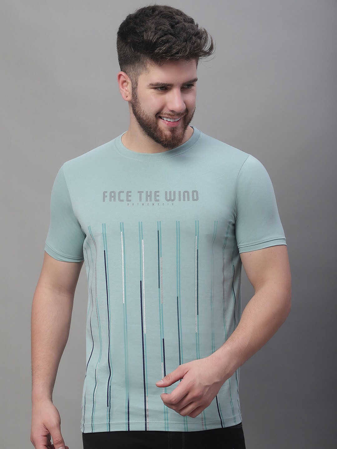 

VENITIAN Typography Printed Round Neck Short Sleeves Cotton T-shirt, Sea green