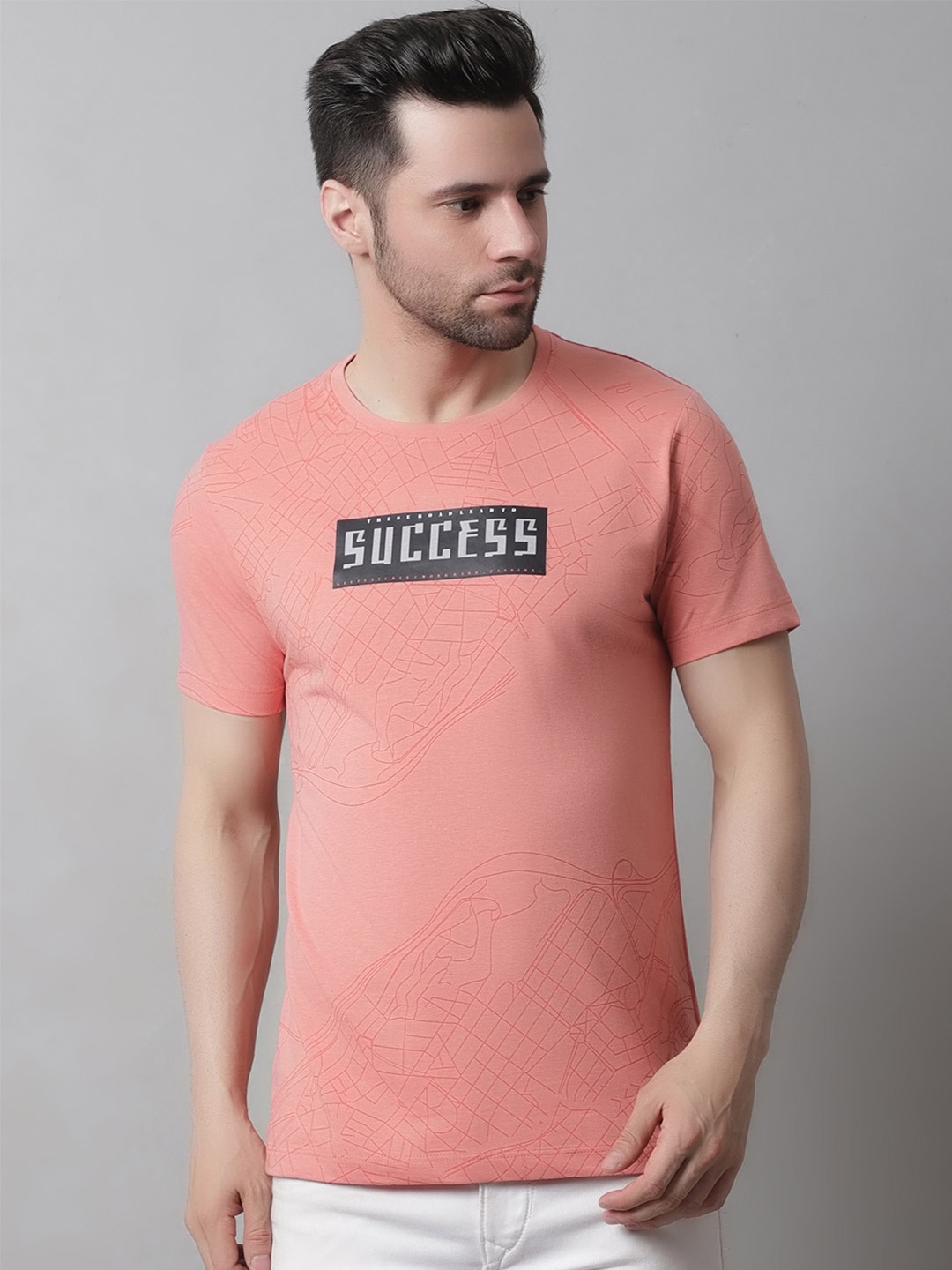

VENITIAN Abstract Printed Round Neck Cotton T-shirt, Peach
