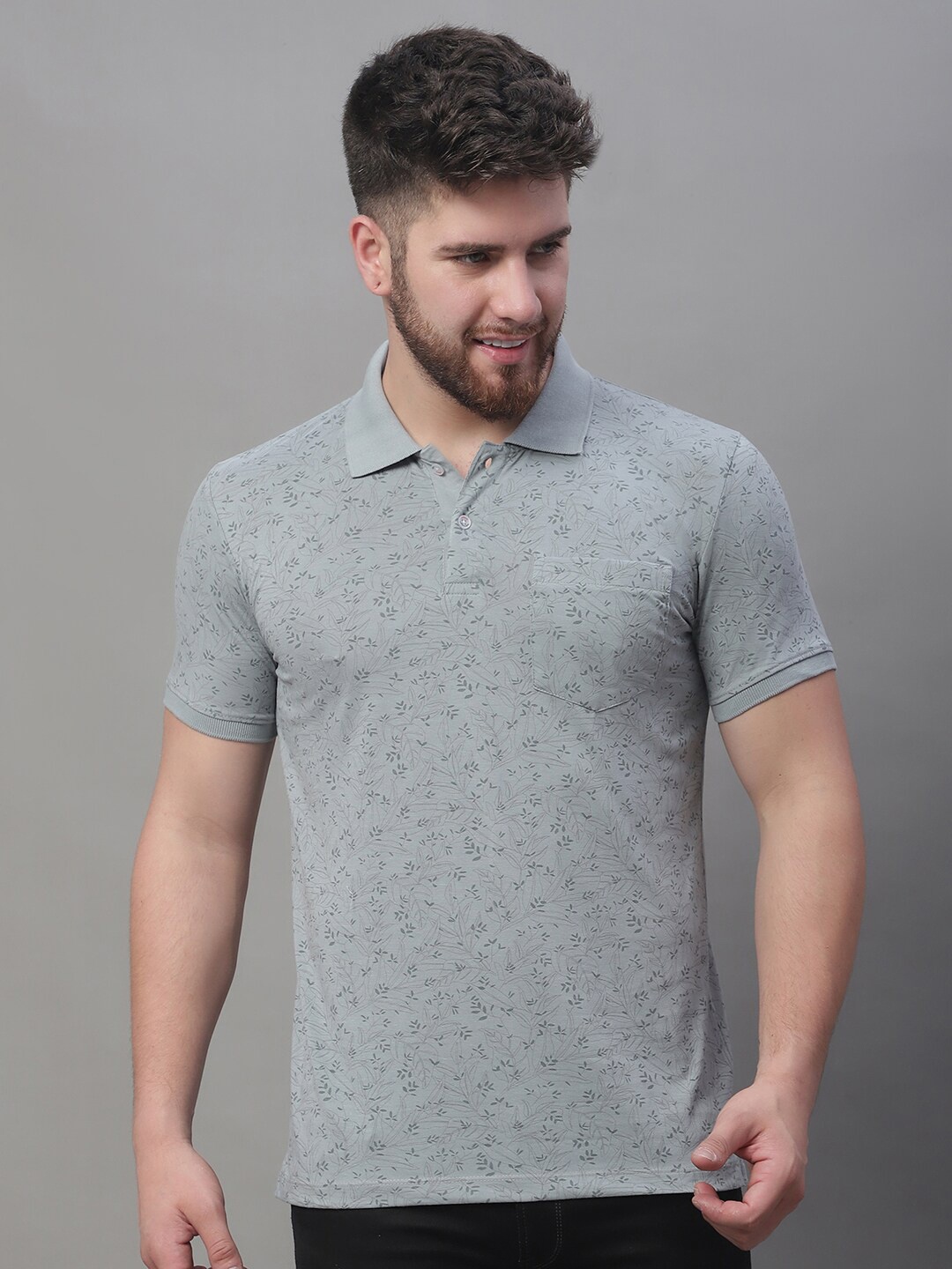 

VENITIAN Floral Printed Polo Collar Round Neck Cotton T-shirt, Grey