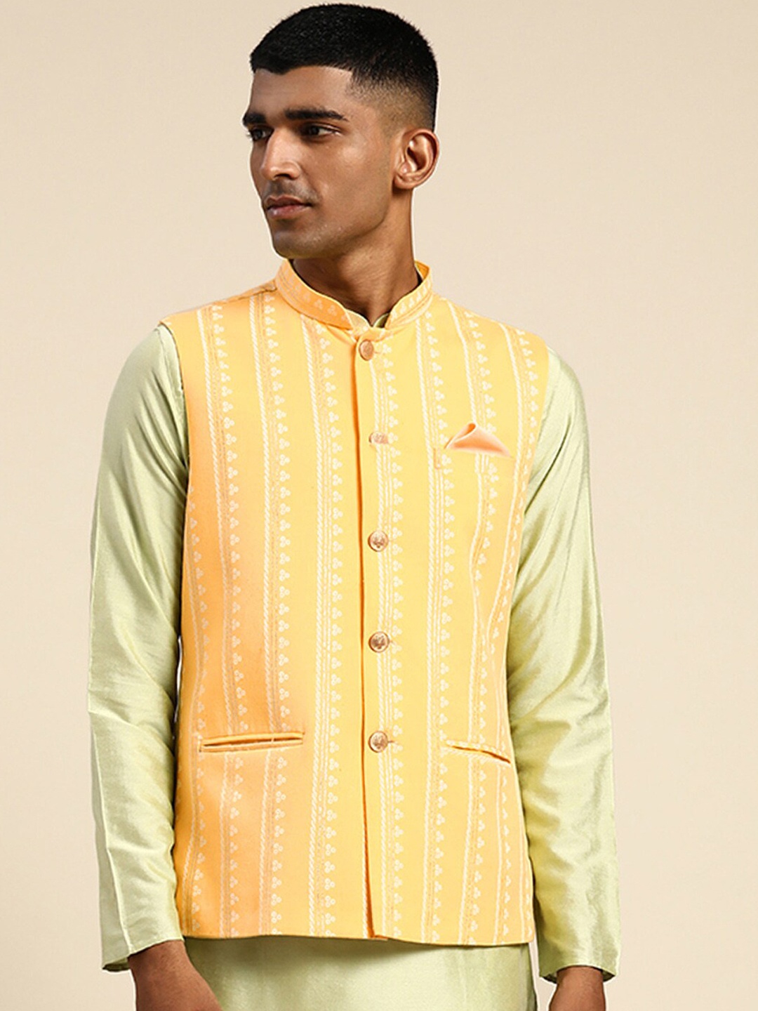 

KISAH Printed Mandarin Collar Sleeveless Nehru Jacket, Yellow