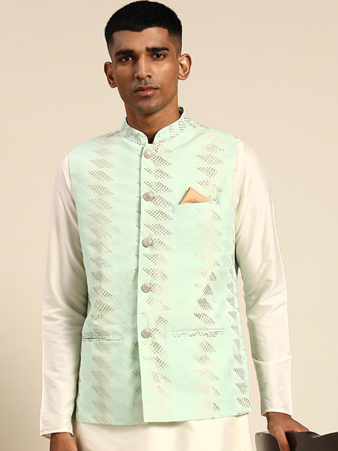 

KISAH Woven design Nehru Jackets, Green