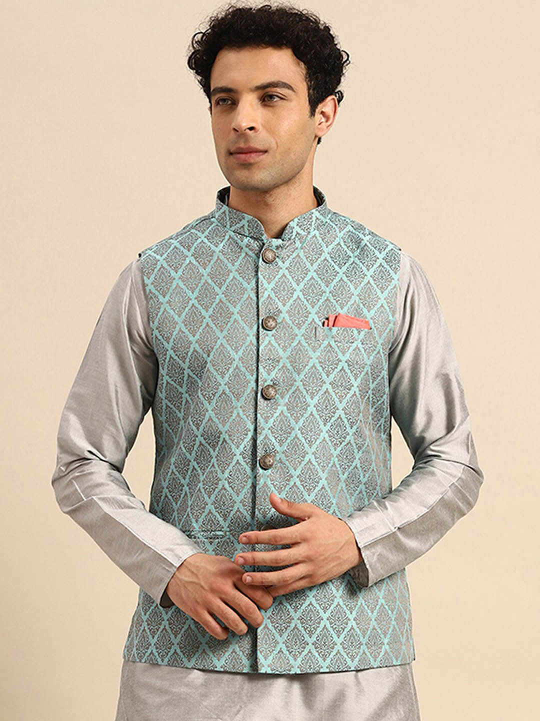 

KISAH Woven Design Nehru Jackets, Blue