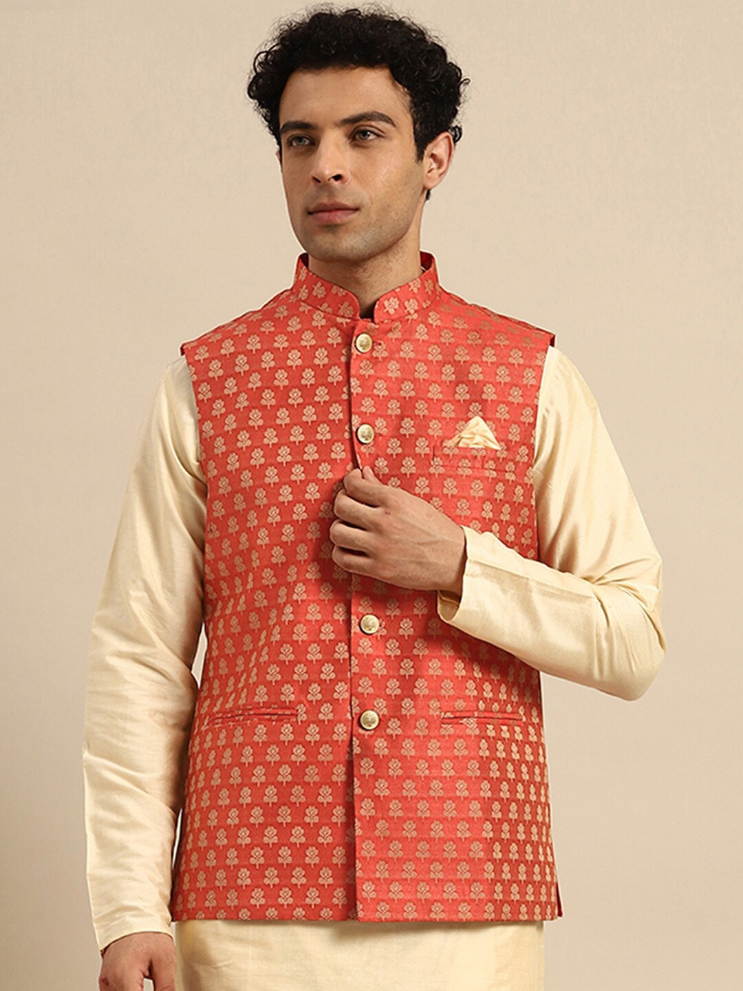 

KISAH Woven Design Mandarin Collar Nehru Jacket, Red