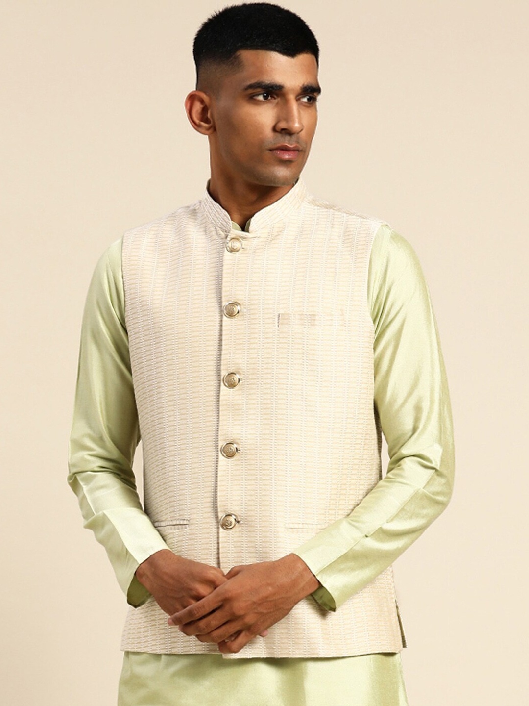 

KISAH Woven Design Mandarin Collar Nehru Jacket, Cream