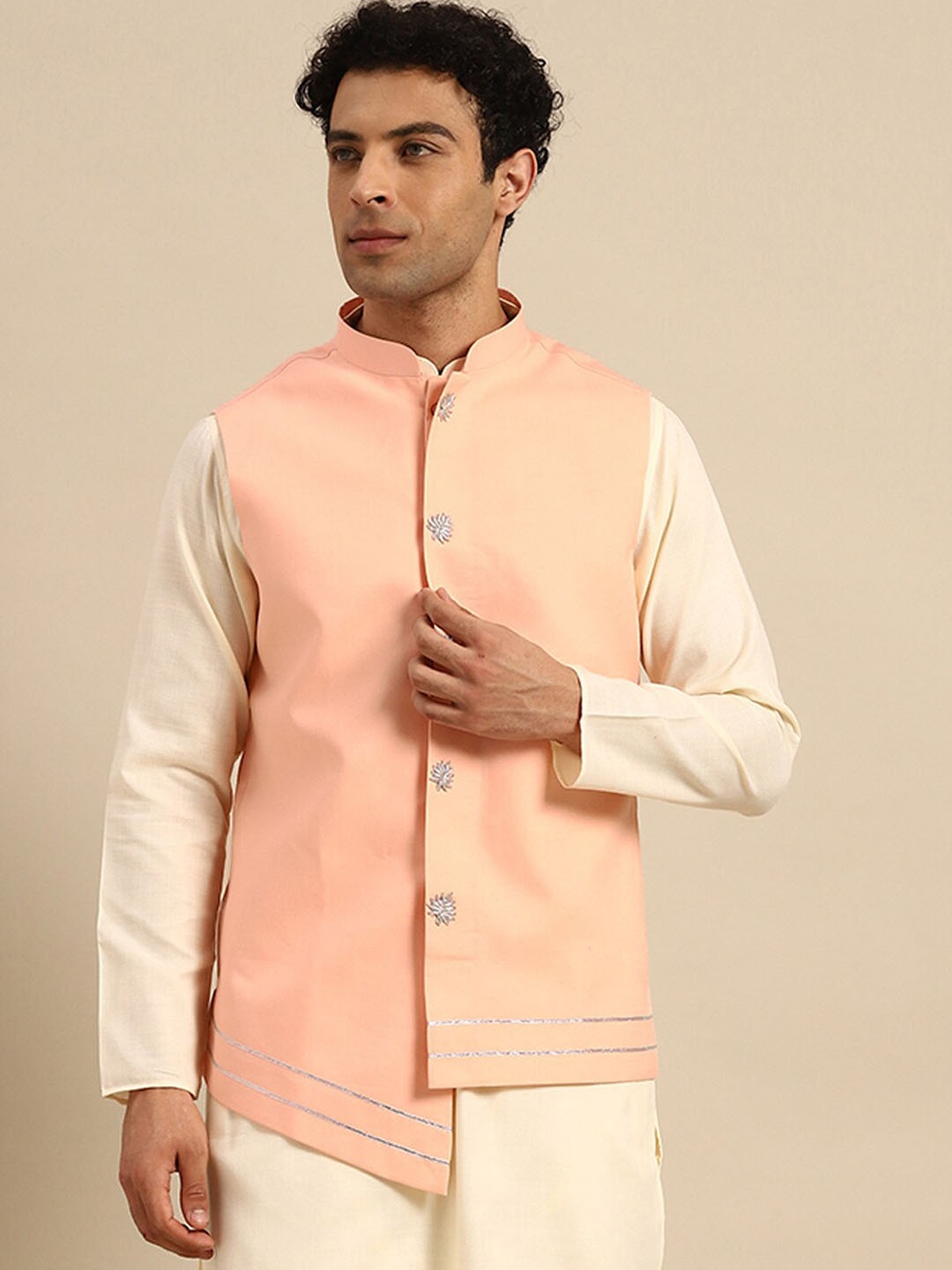 

KISAH Mandarin Collar Woven Nehru Jacket, Pink