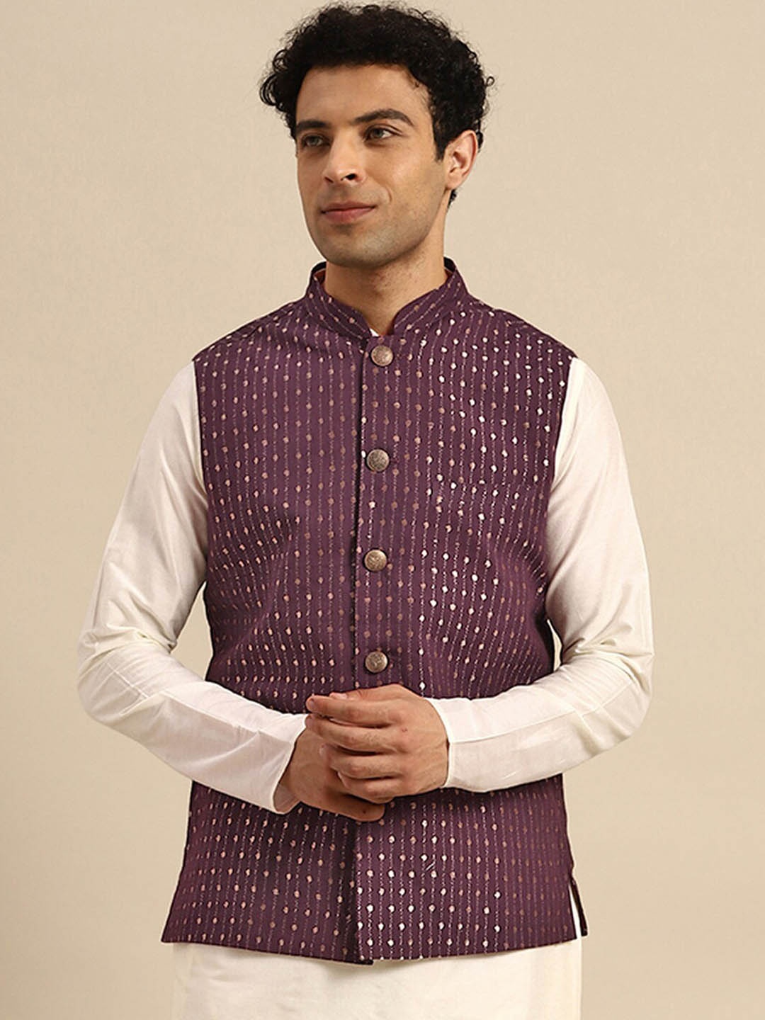 

KISAH Embellished Mandarin Collar Sleeveless Nehru Jacket, Purple
