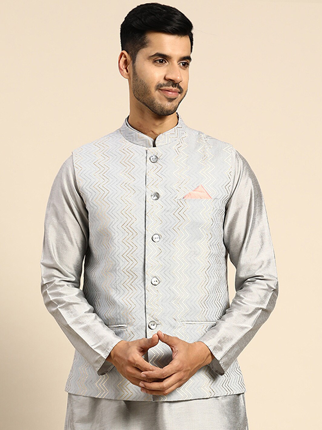 

KISAH Woven Design Mandarin Collar Nehru Jacket, Grey