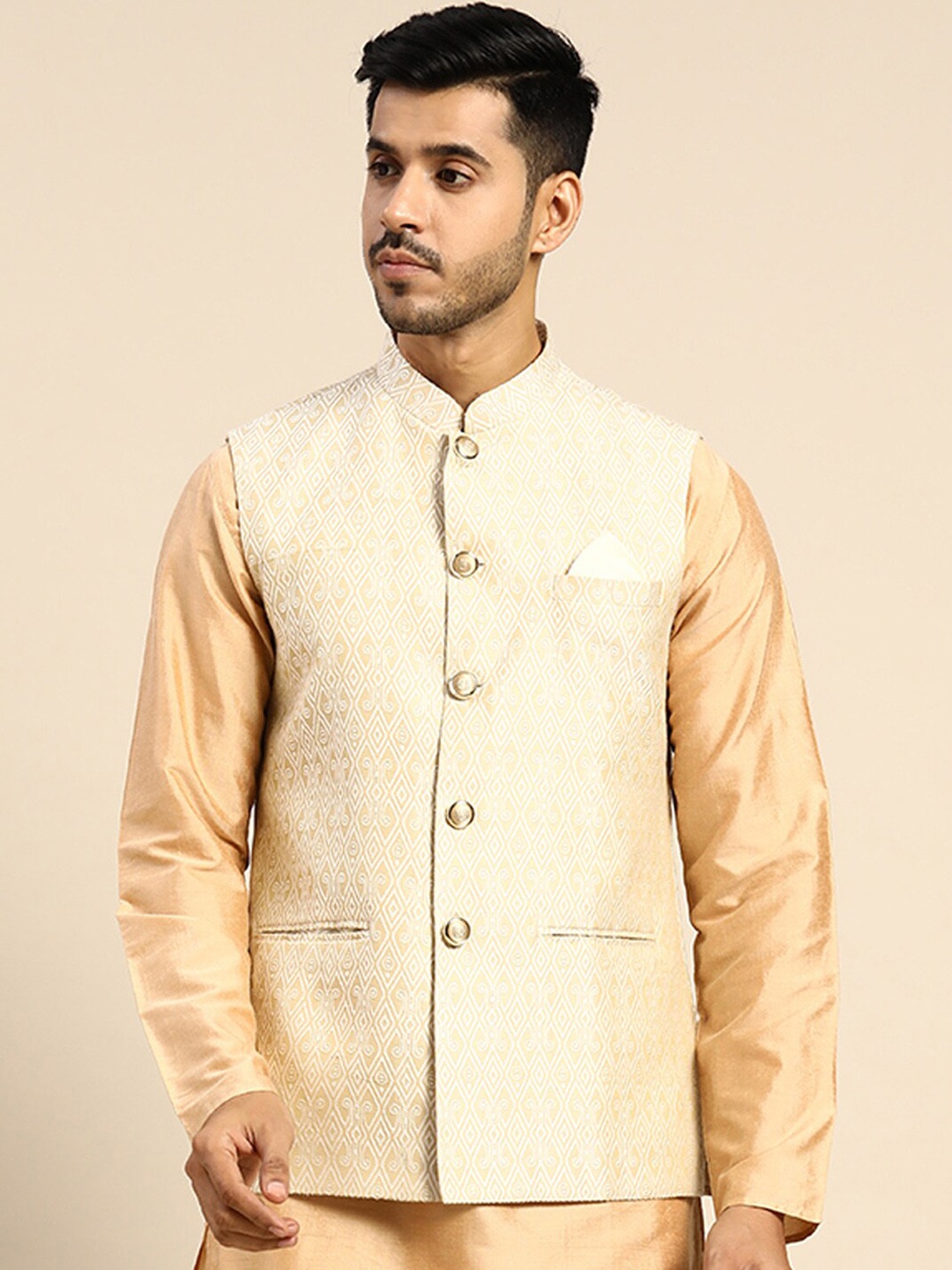 

KISAH Woven Design Mandarin Collar Nehru Jacket, Cream