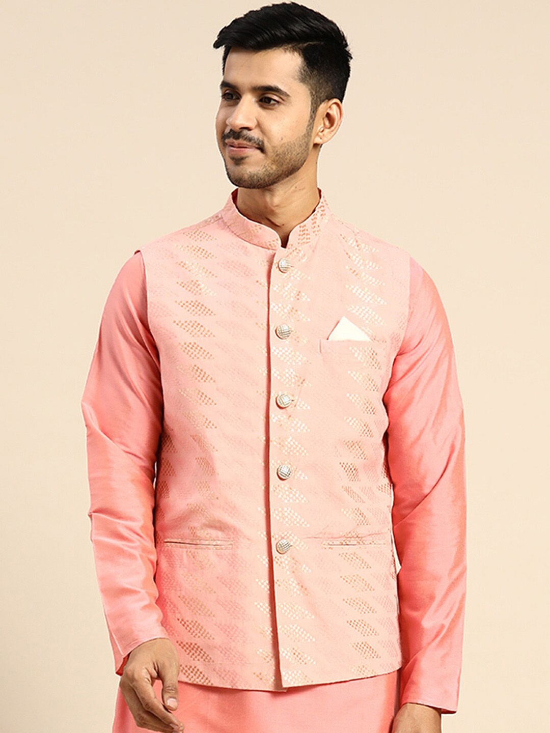 

KISAH Woven Design Nehru Jackets, Pink