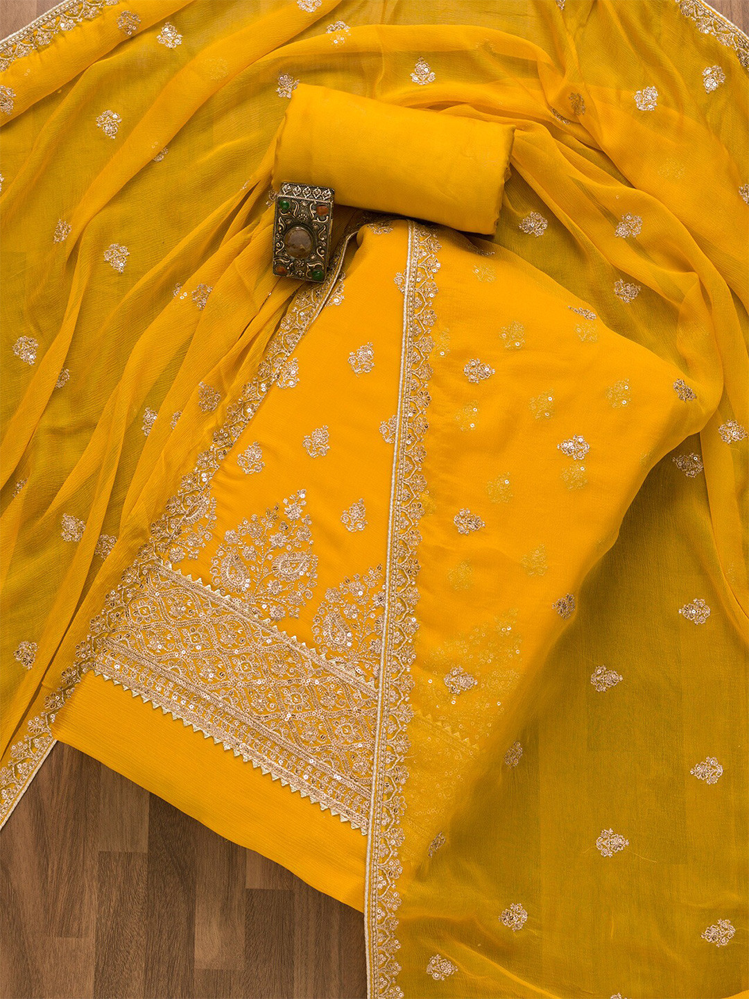 

Koskii Embroidered Zari Unstitched Dress Material, Yellow