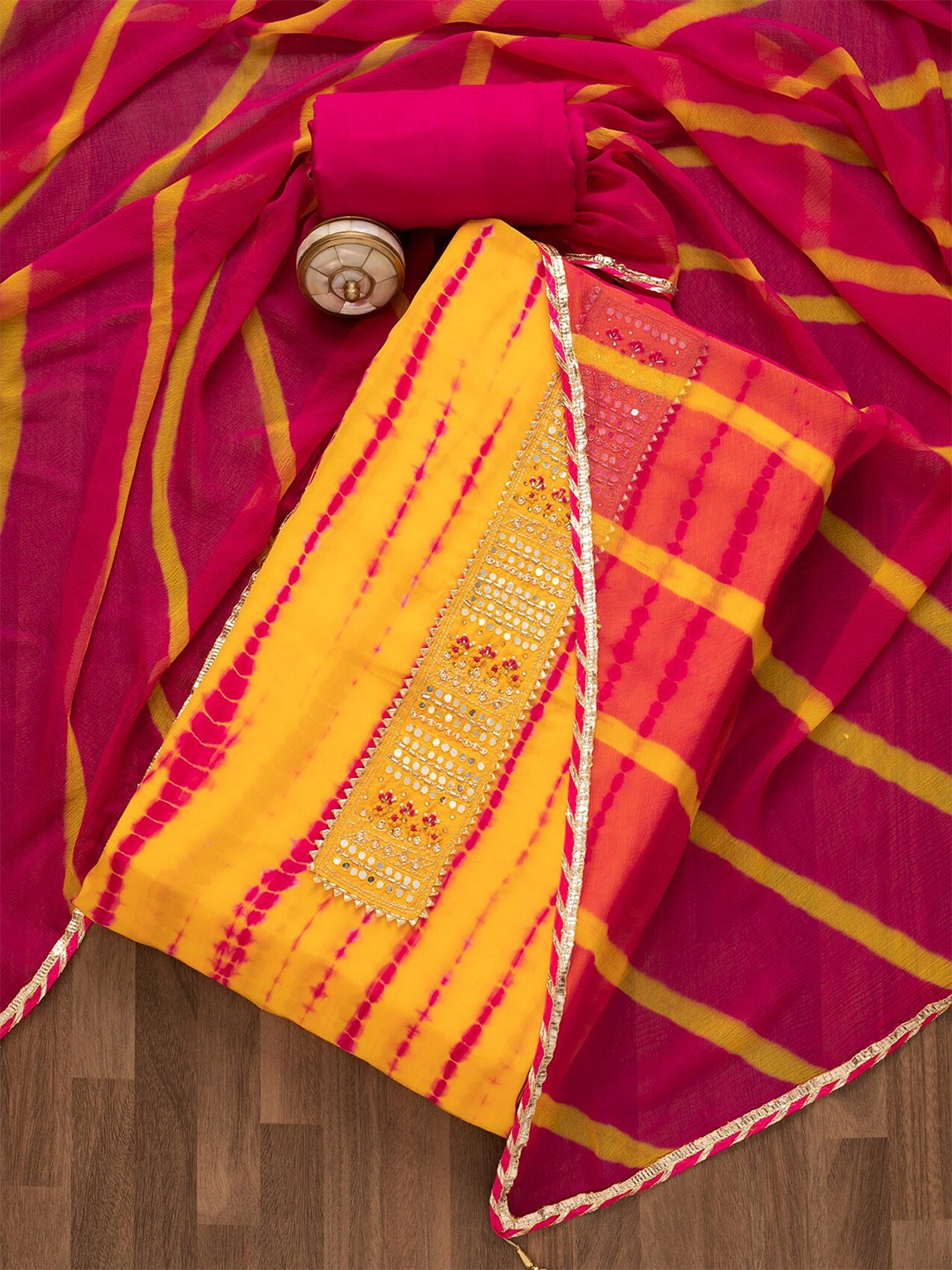 

Koskii Dyed Mirror Work Unstitched Dress Material, Yellow