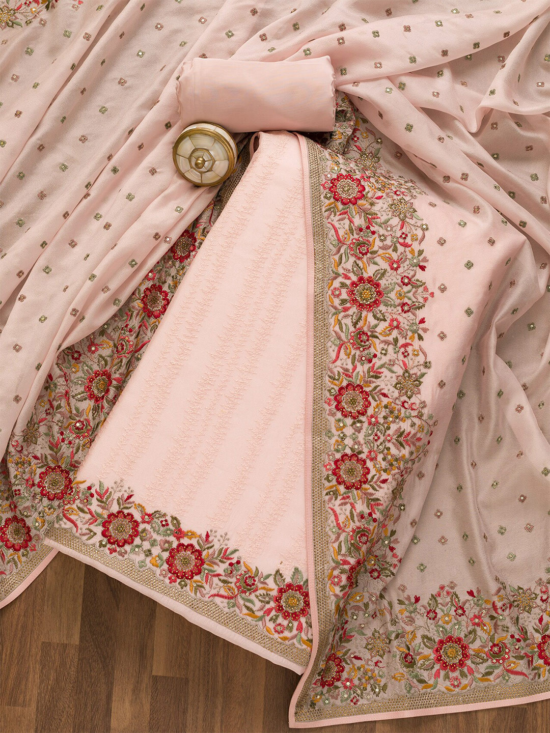 

Koskii Embroidered Sequinned Art Silk Unstitched Dress Material, Pink