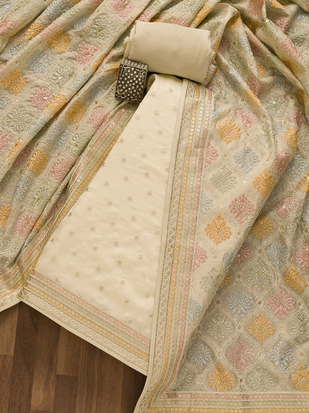

Koskii Embroidered Unstitched Dress Material, Cream