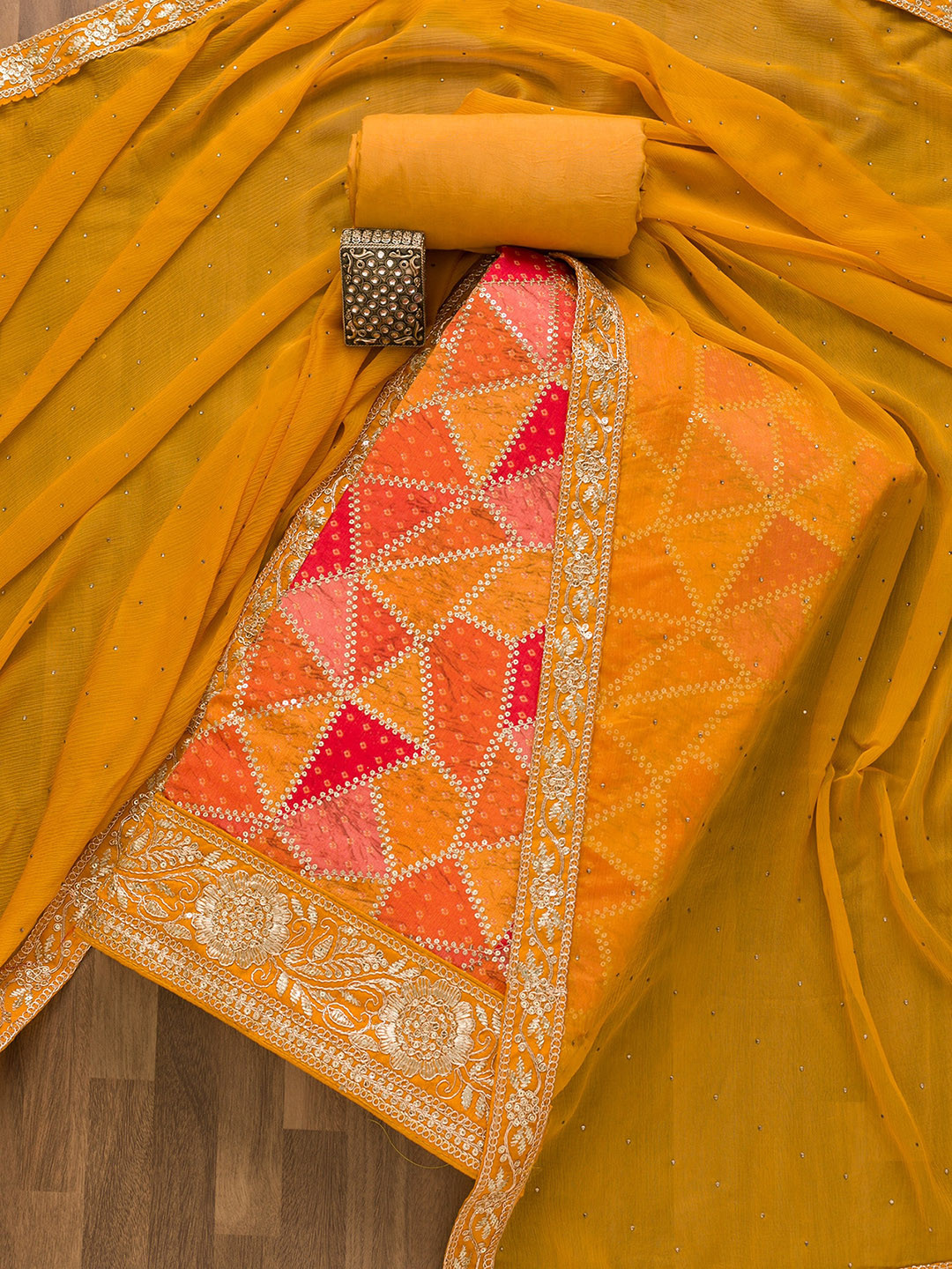 

Koskii Embroidered Unstitched Dress Material, Mustard