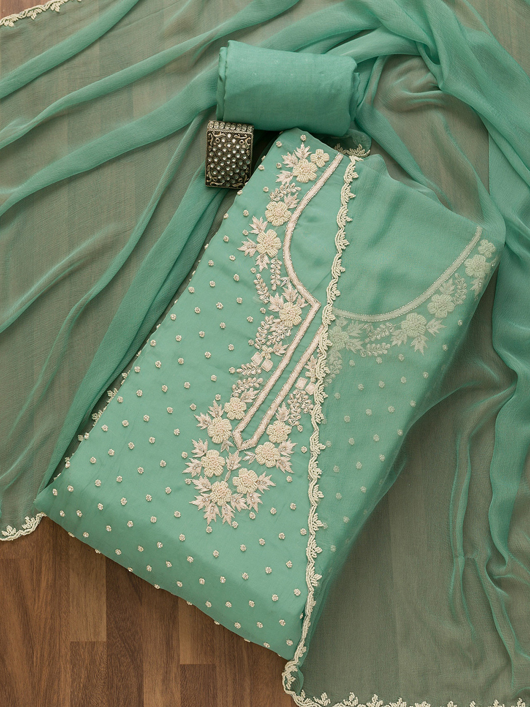 

Koskii Embroidered Semi-Stitched Dress Material, Green
