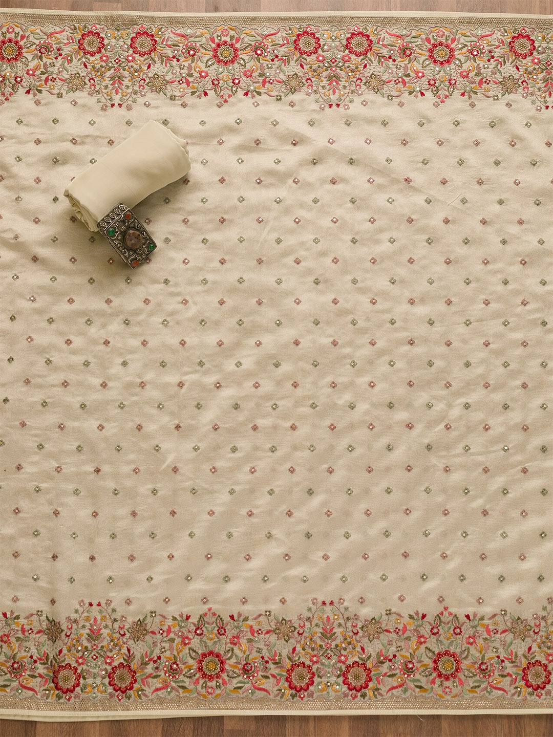 

Koskii Embroidered Art Silk Unstitched Dress Material, Cream