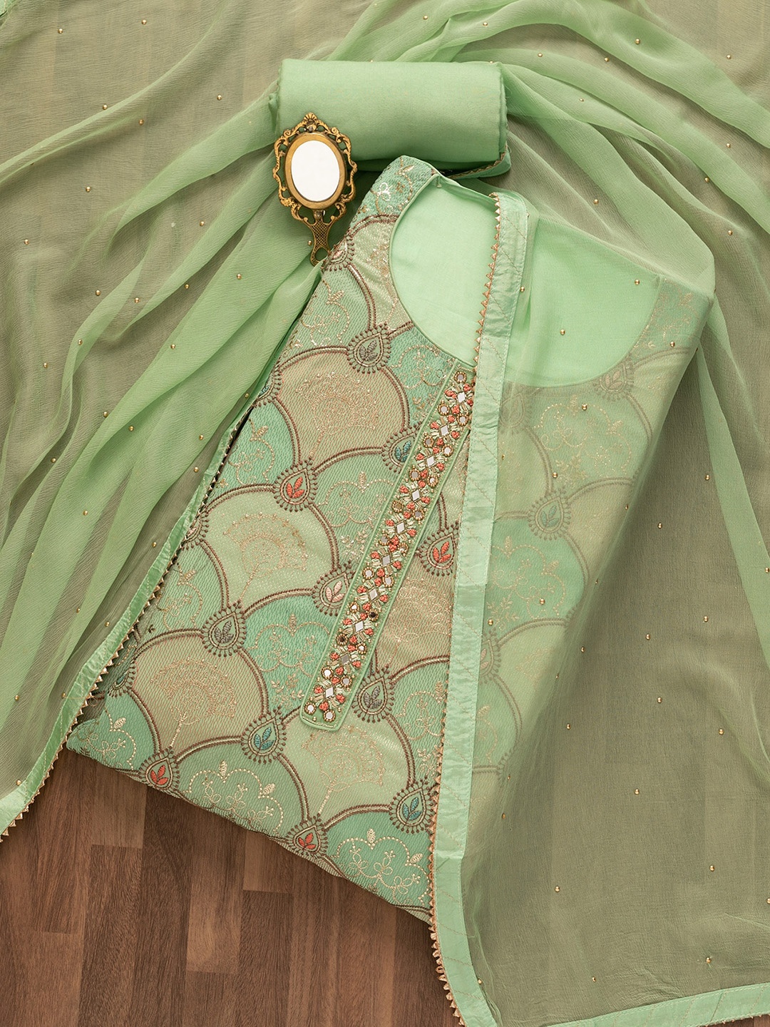 

Koskii Embroidered Stones & Beads Unstitched Dress Material, Lime green