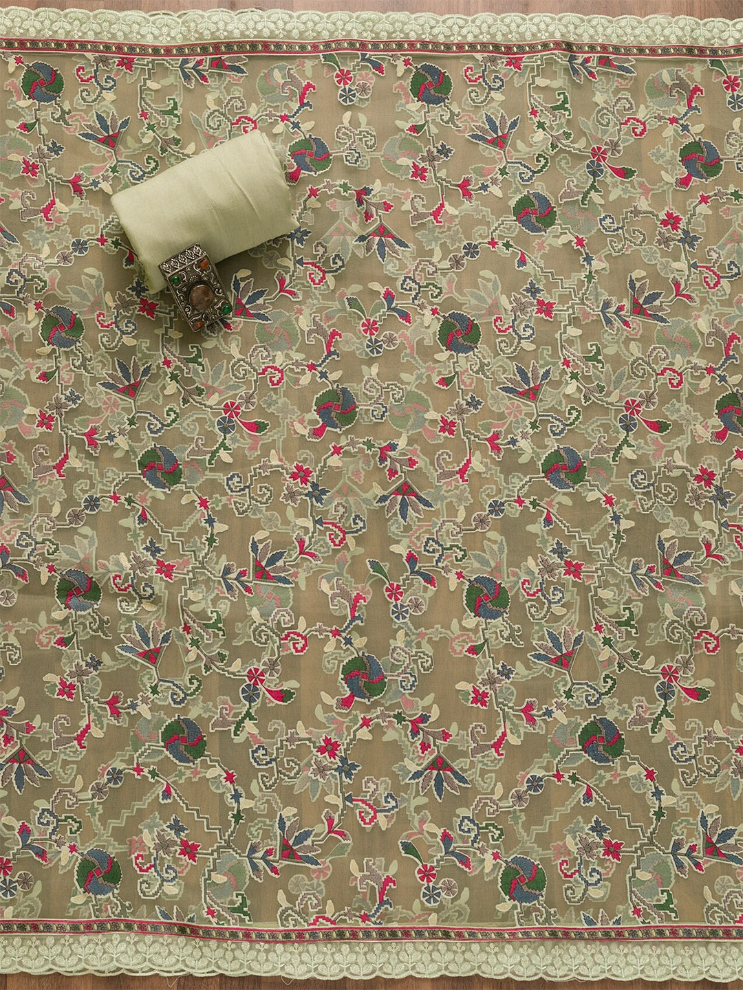 

Koskii Embroidered Unstitched Dress Material, Lime green