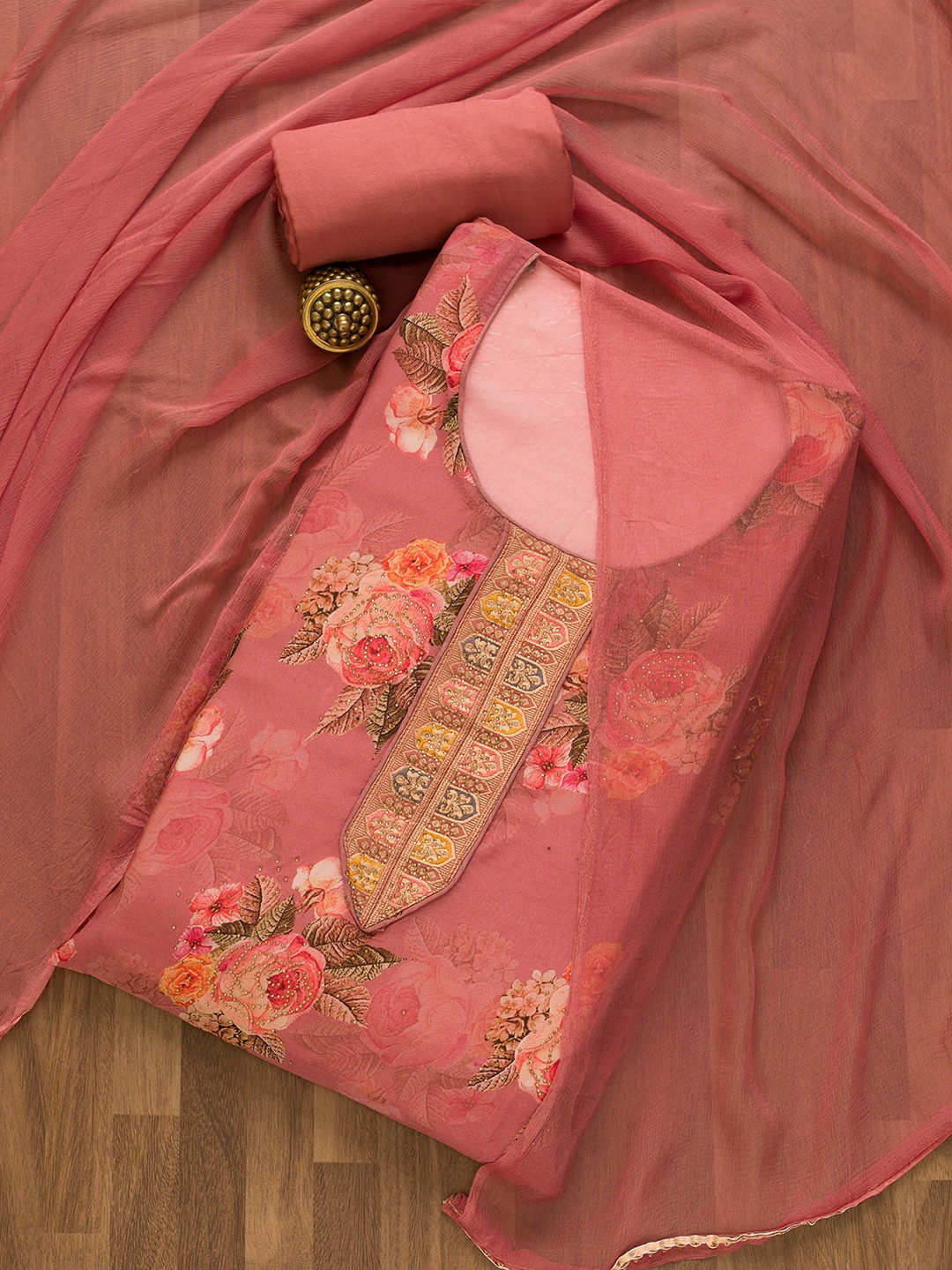 

Koskii Printed Beads & Stones Unstitched Dress Material, Pink