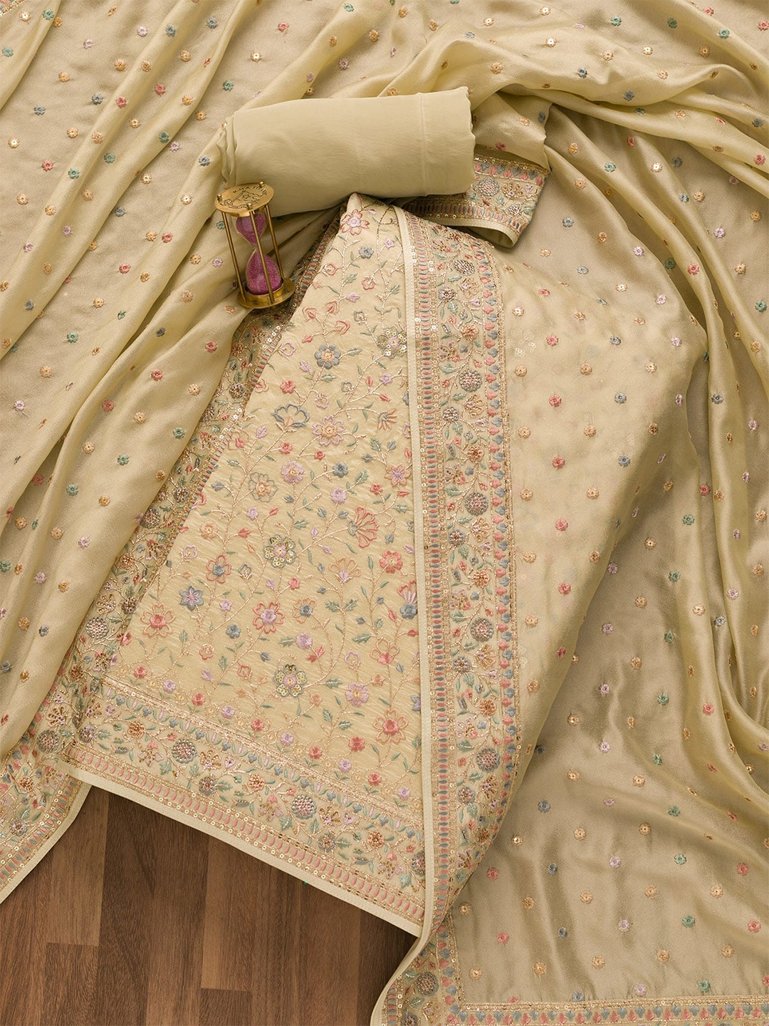 

Koskii Floral Embroidered Art Silk Unstitched Dress Material, Cream