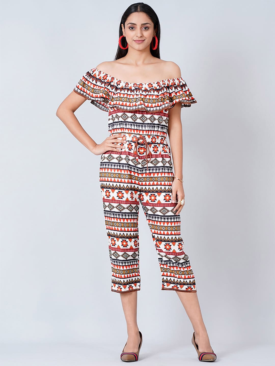 

First Resort by Ramola Bachchan Off-Shoulder Printed Capri Jumpsuit with Ruffles, Red