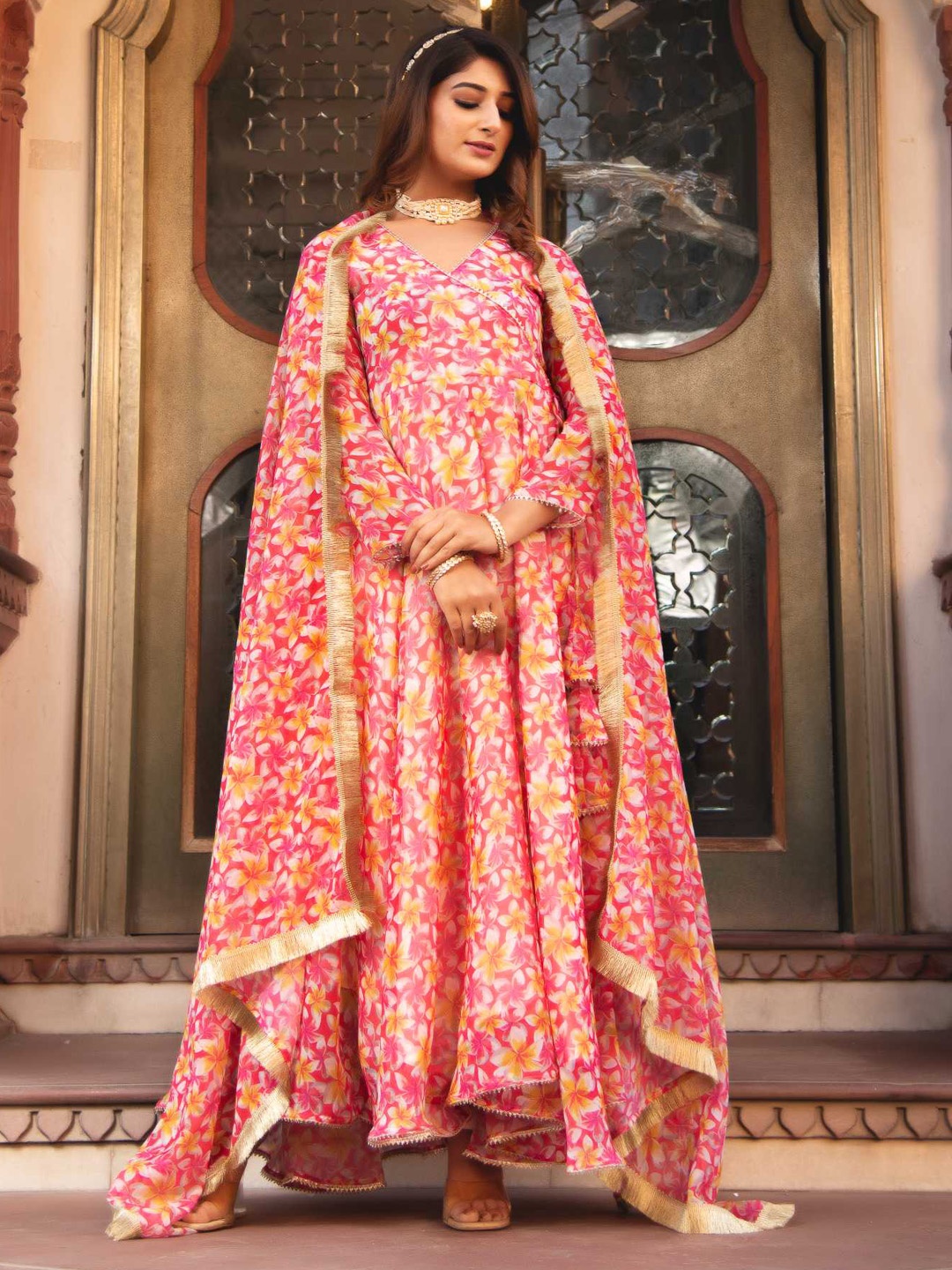 

Calmna Floral Printed V Neck Angrakha Gotta Patti Kurta With Trousers & Dupatta, Pink