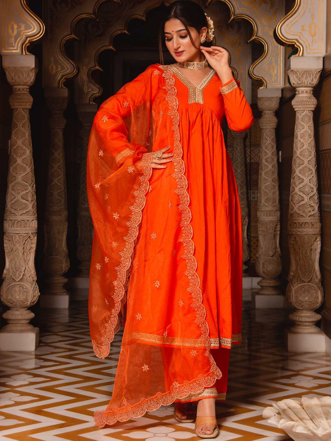 

Calmna V Neck Gotta Patti Anarkali Kurta With Trousers & Dupatta, Orange
