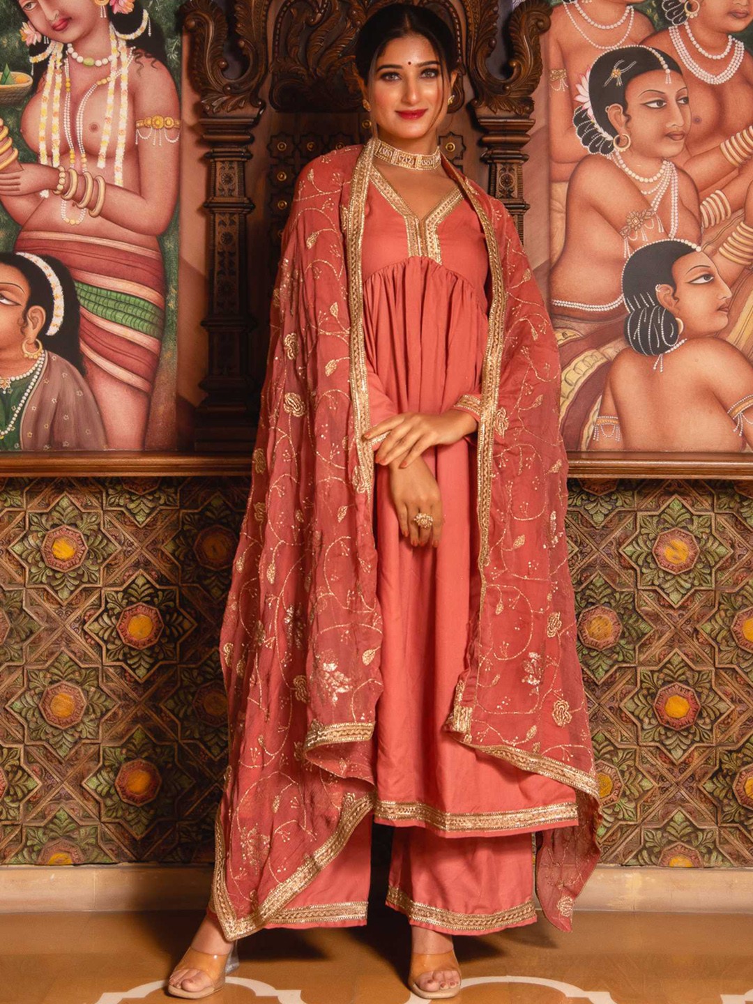 

Calmna Anarkali Beads & Stones Kurta with Palazzos & Dupatta, Rust
