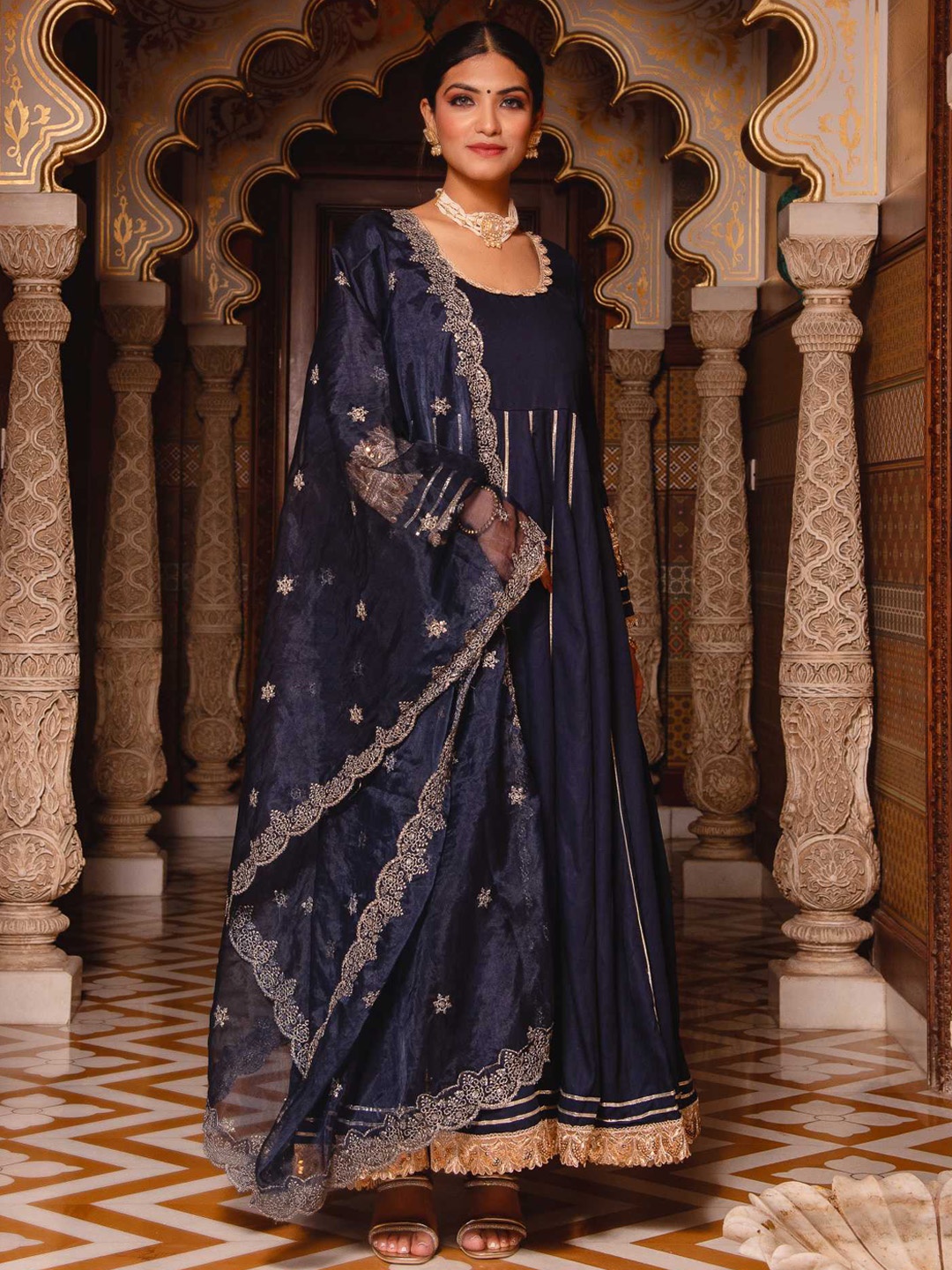 

Calmna Gotta Patti Anarkali Kurta With Trousers & Dupatta, Navy blue