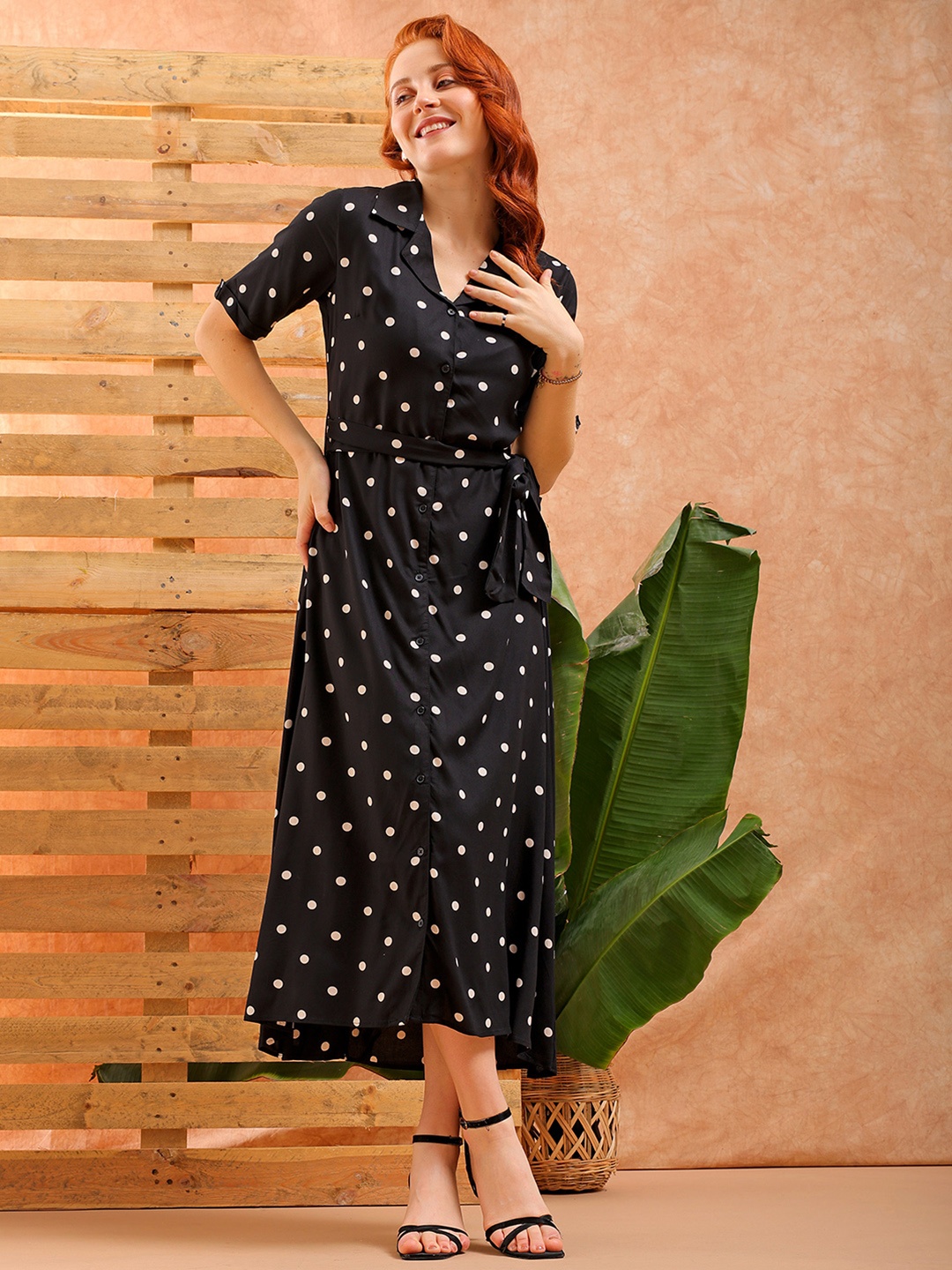 

Freehand by The Indian Garage Co Black White Polka Dots Printed Fit Flare Midi Dress