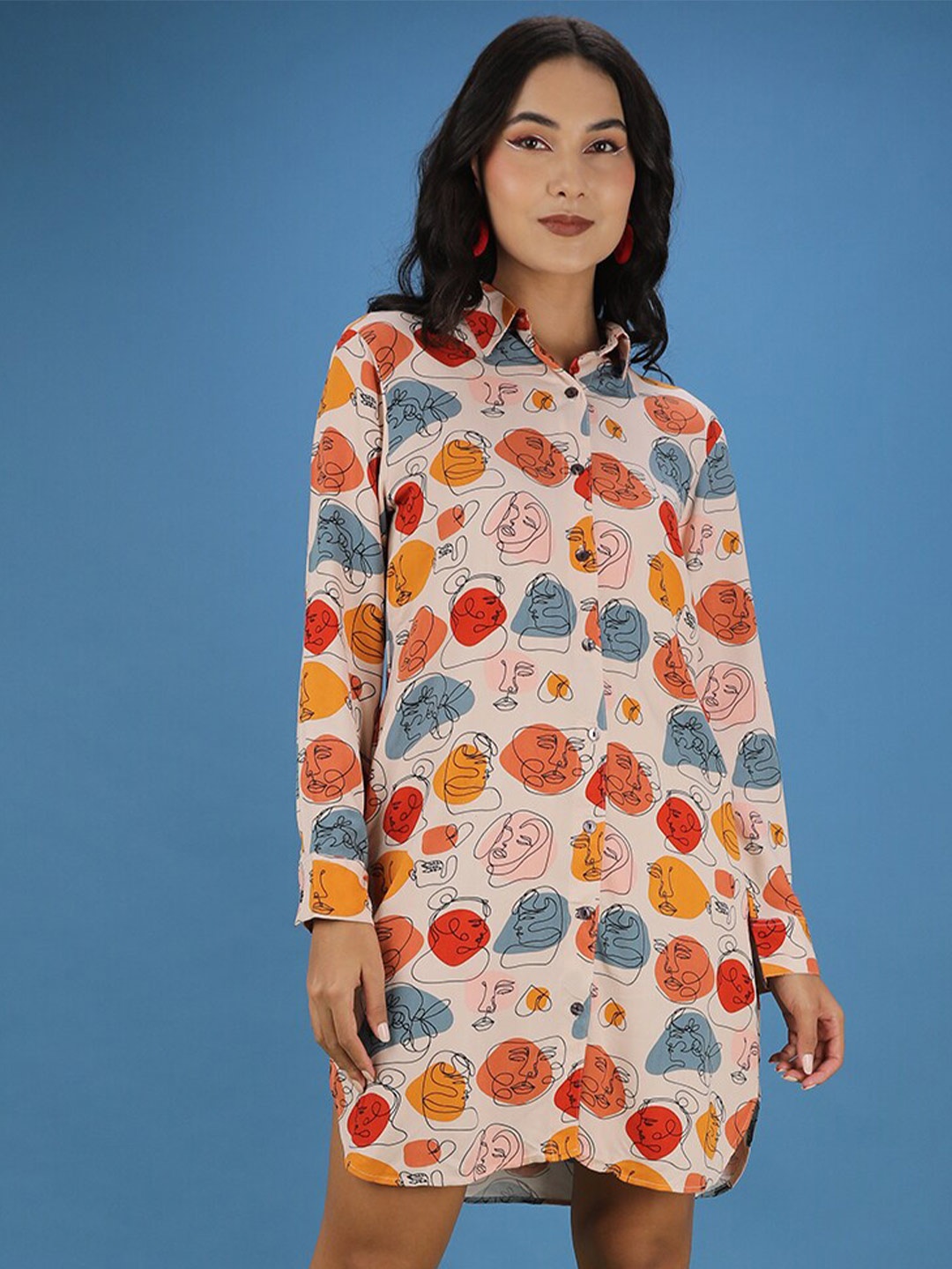 

Freehand by The Indian Garage Co Peach Red Conversational Printed Shirt Mini Dress