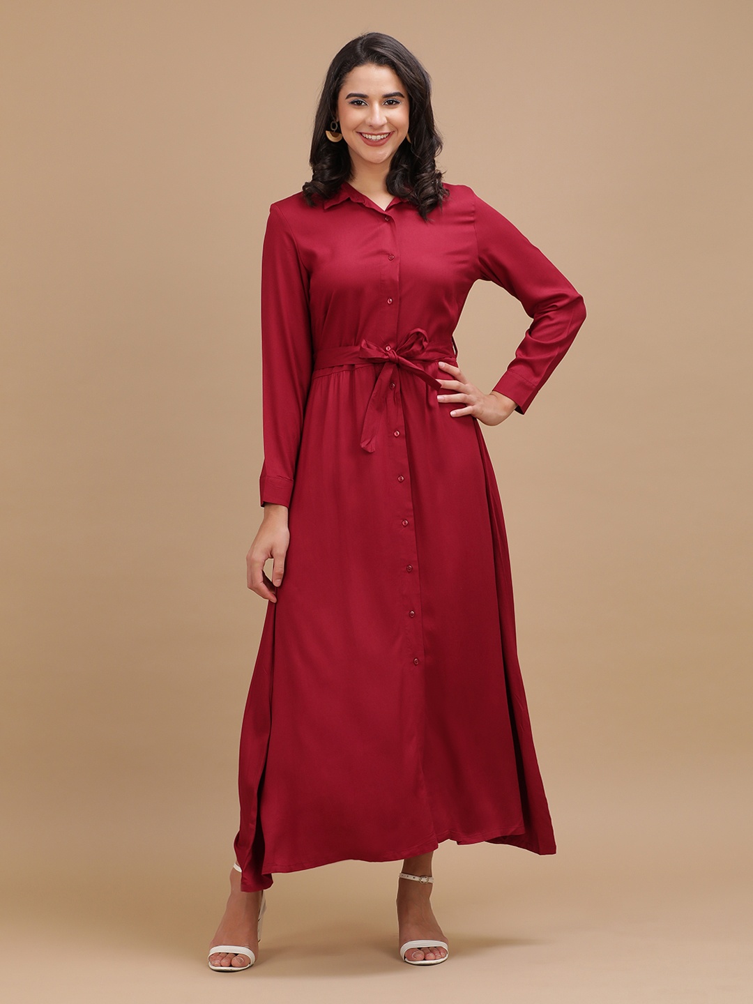 

Freehand by The Indian Garage Co Burgundy Cuffed Sleeves Shirt Maxi Dress With Belt