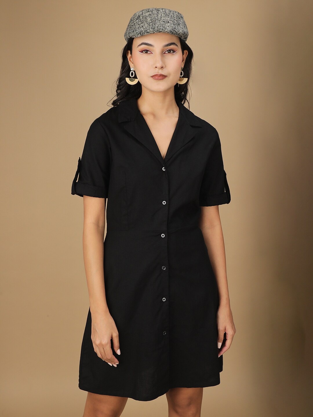 

Freehand Black Roll-Up Sleeves Pure Cotton Shirt Dress