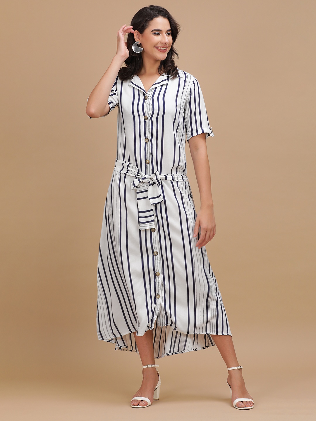 

Freehand by The Indian Garage Co Spread Collar Striped Maxi Shirt Dress With Belt, White