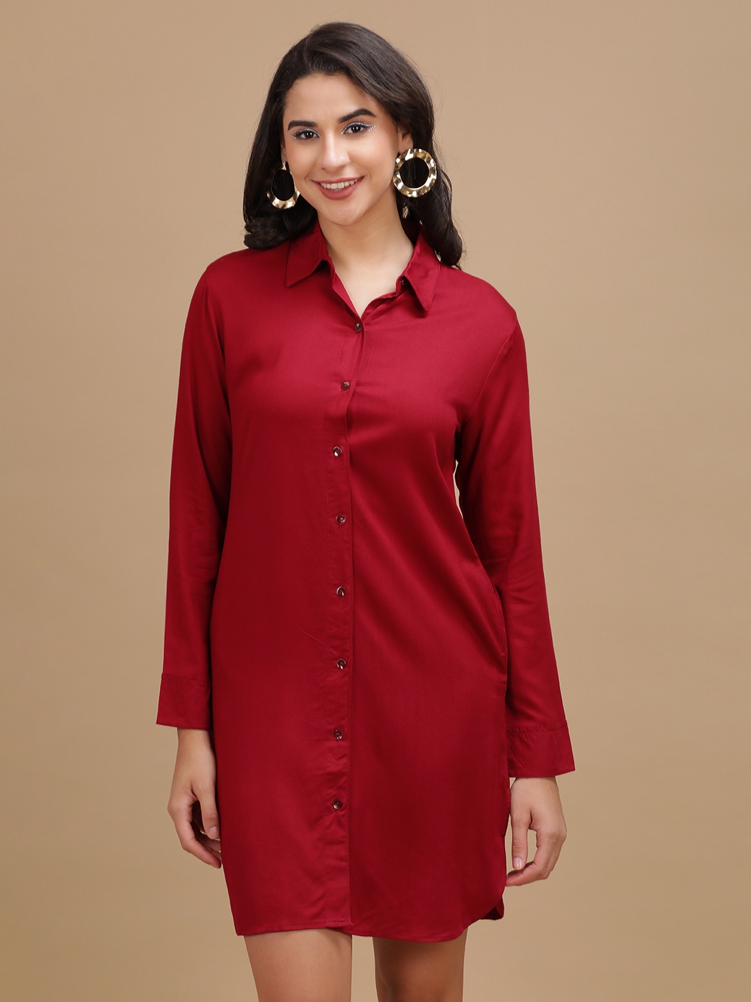 

Freehand by The Indian Garage Co Cuffed Sleeves Shirt Mini Dress, Burgundy
