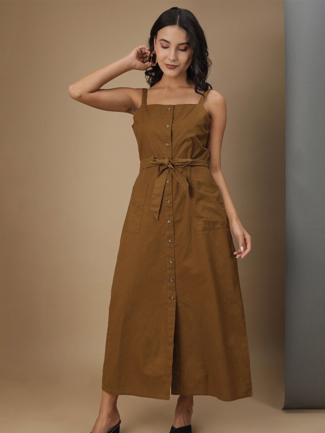 

Freehand Brown Shoulfer Strap Pure Cotton Shirt Maxi Dress With Belt