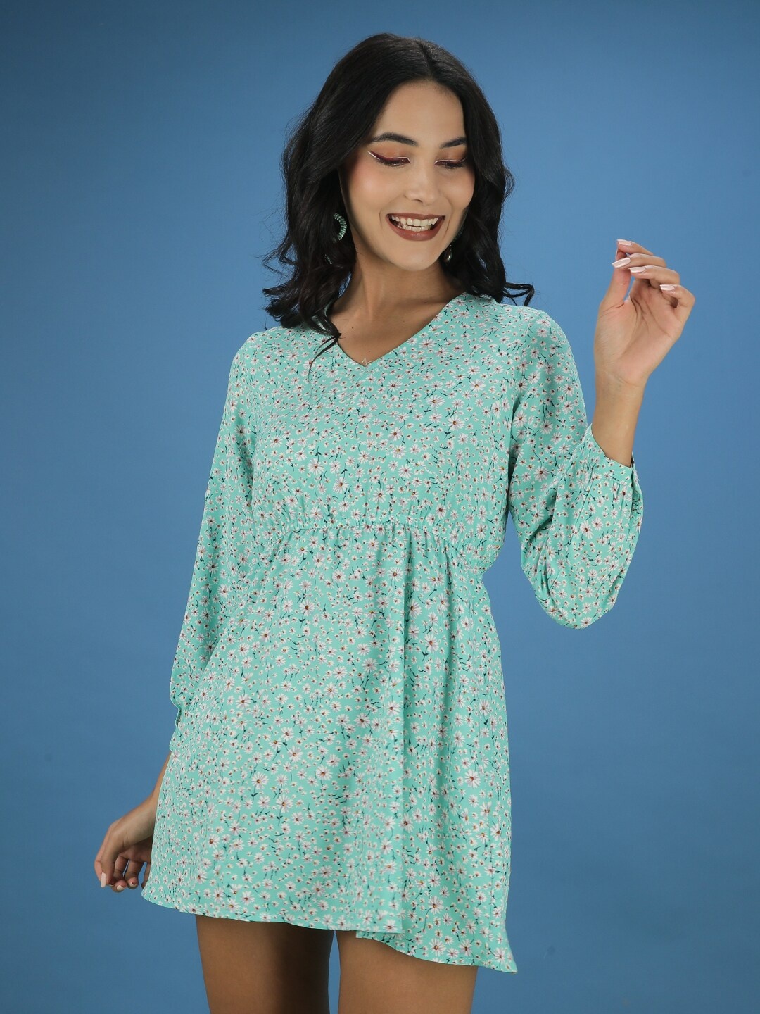 Freehand by The Indian Garage Co Green White Floral Printed A-Line Mini Dress