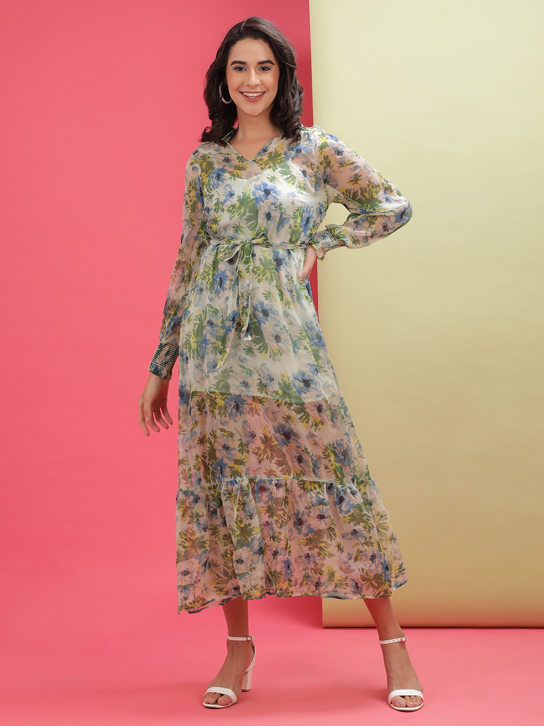 

Freehand by The Indian Garage Co V-Neck Floral Printed Maxi A-Line Dress With Belt, Green