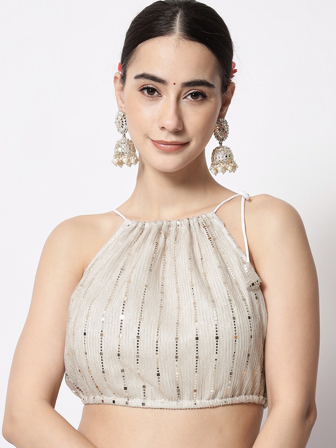 

studio rasa Embellished Georgette Halter Neck Saree Blouse, Silver