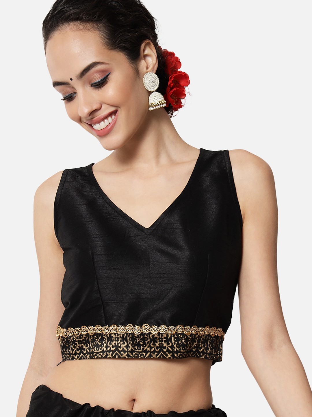 

studio rasa Block Printed Saree Blouse, Black