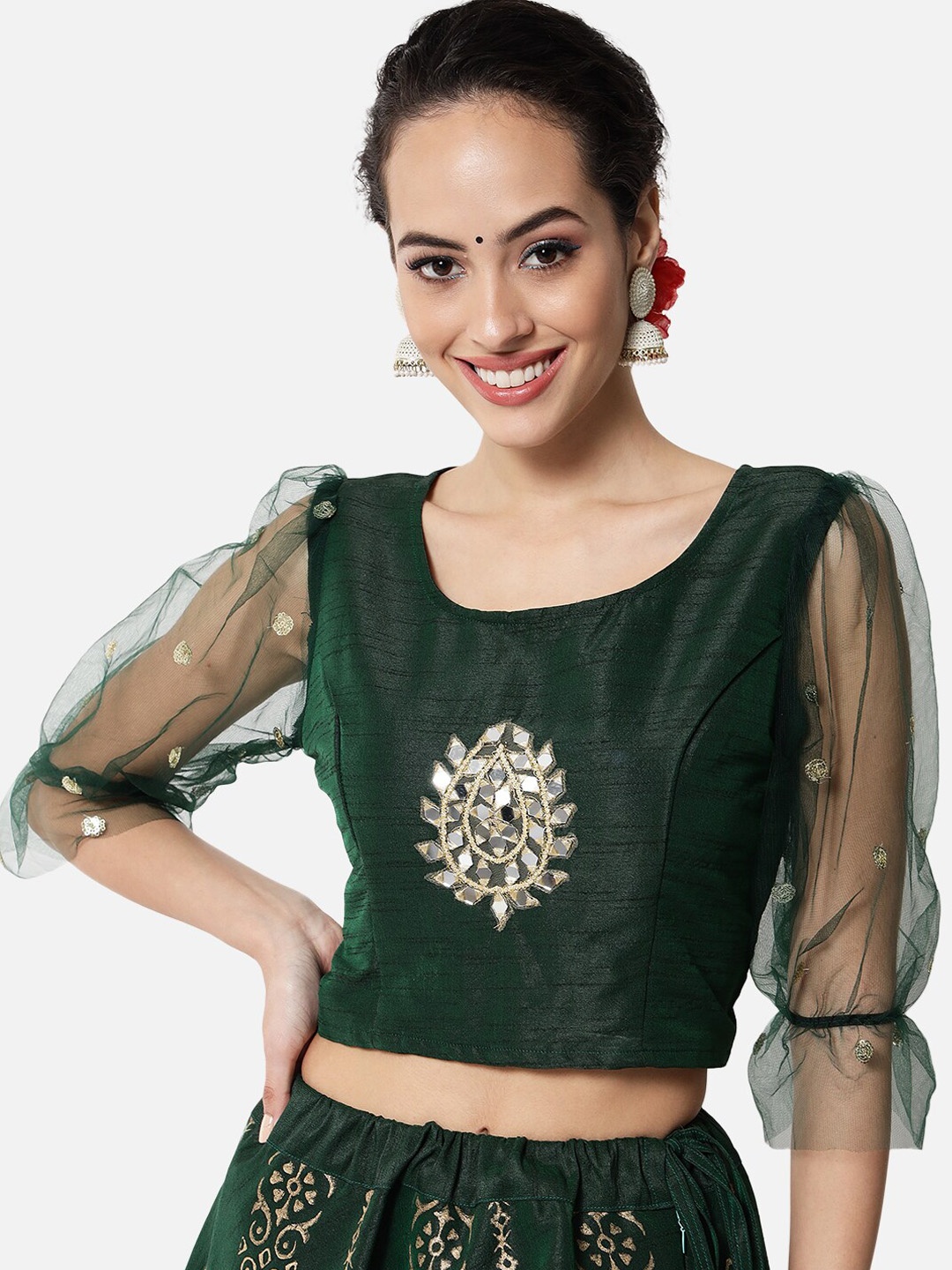 

studio rasa Mirror Work Embroidered Net Sleeves Saree Blouse, Green