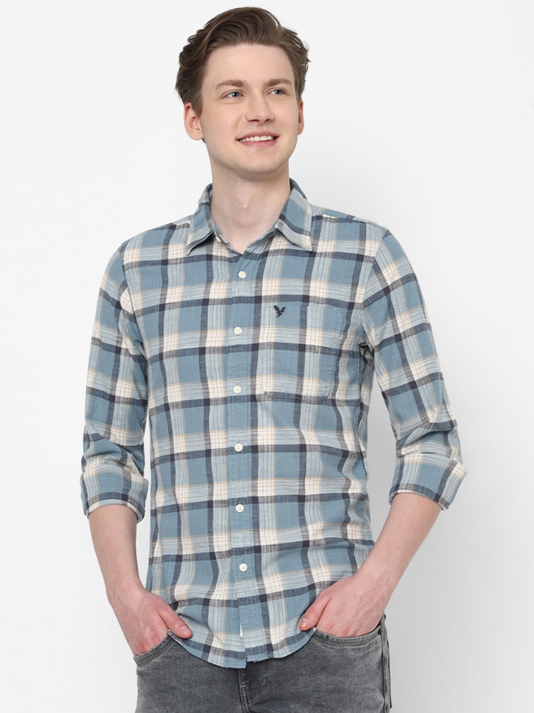 

AMERICAN EAGLE OUTFITTERS Slim Fit Checked Pure Cotton Casual Shirt, Blue