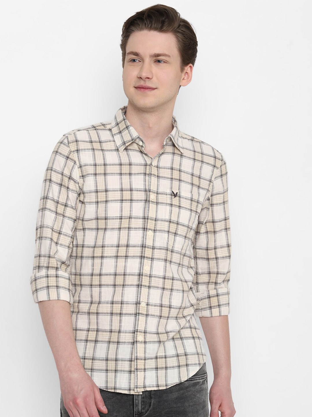

AMERICAN EAGLE OUTFITTERS Slim Fit Tartan Checked Pure Cotton Casual Shirt, Beige
